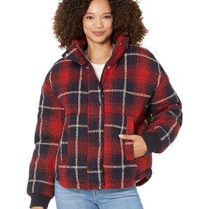 Levi's Cinch Waist Plaid Wool Puffer Jacket Red Blue Women's Medium